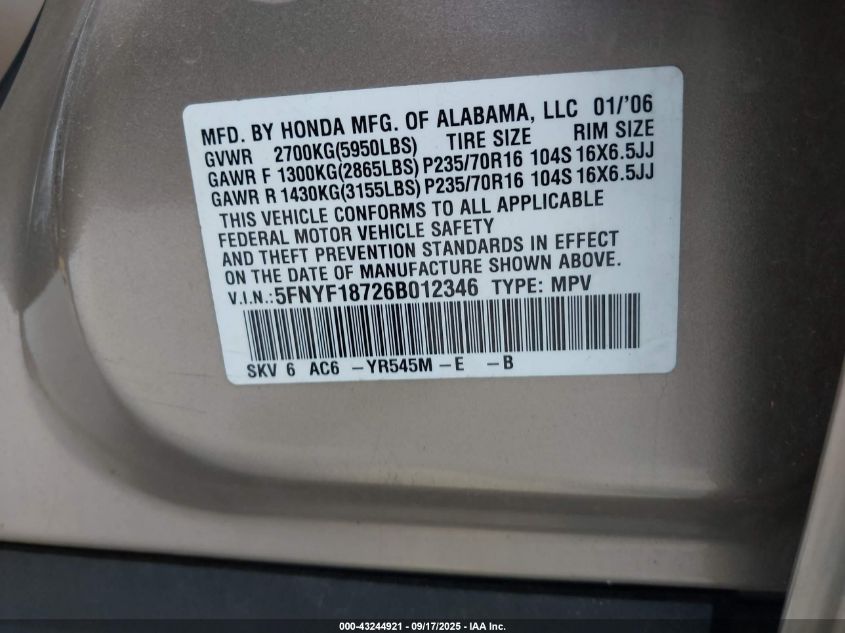 2006 Honda Pilot Ex-L VIN: 5FNYF18726B012346 Lot: 43244921