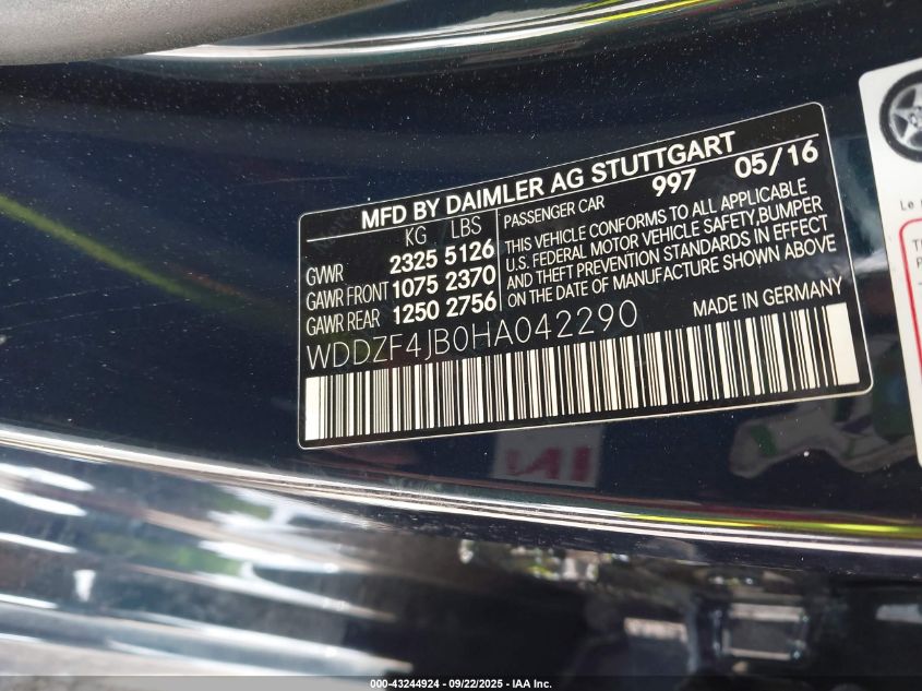 2017 Mercedes-Benz E 300 VIN: WDDZF4JB0HA042290 Lot: 43244924