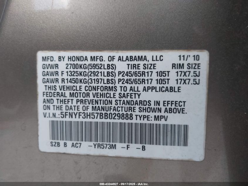 2011 Honda Pilot Ex-L VIN: 5FNYF3H57BB029888 Lot: 43244927