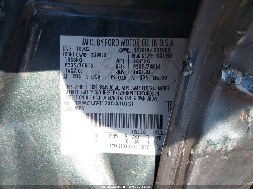 2004 Ford Escape Xlt VIN: 1FMCU93124DA10131 Lot: 43244936