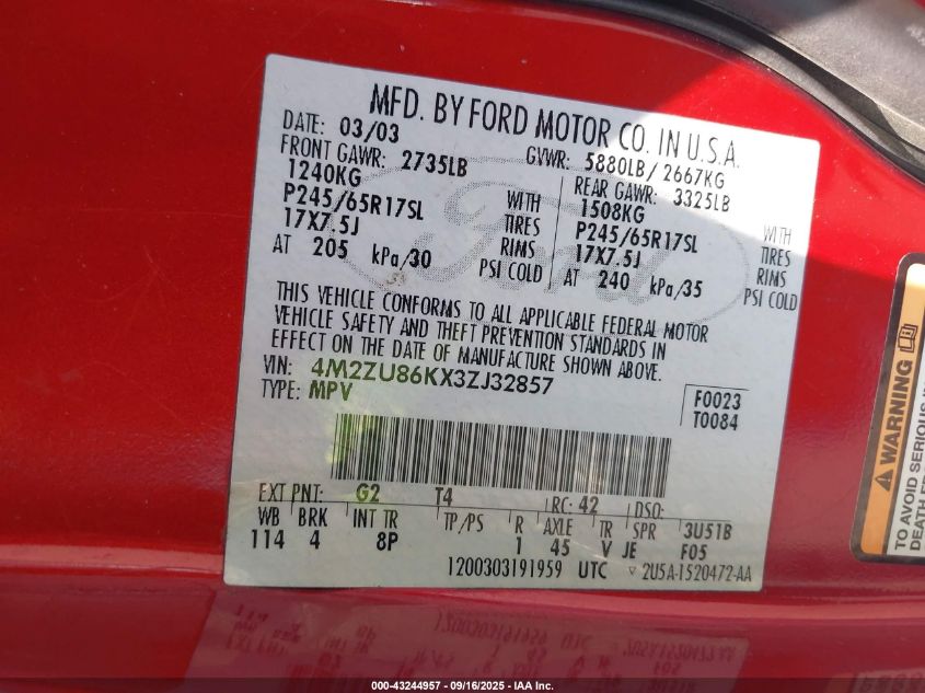 2003 Mercury Mountaineer VIN: 4M2ZU86KX3ZJ32857 Lot: 43244957