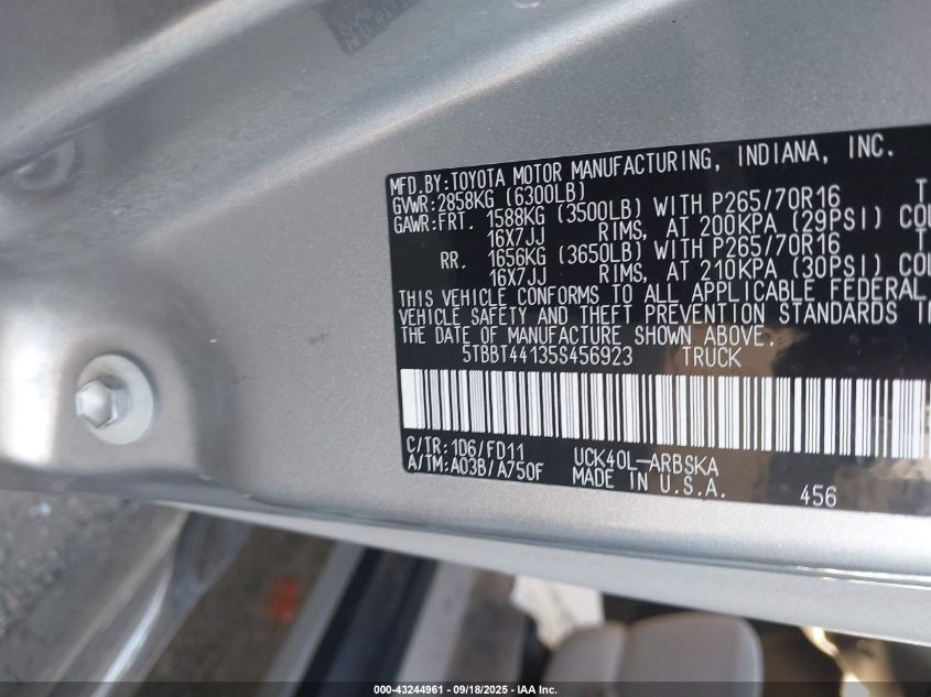 2005 Toyota Tundra Access Cab Sr5 VIN: 5TBBT44135S456923 Lot: 43244961