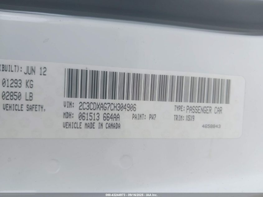 2012 Dodge Charger Police VIN: 2C3CDXAG7CH304906 Lot: 43244973
