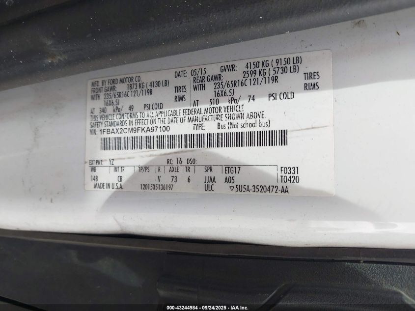 2015 Ford Transit-350 Xlt VIN: 1FBAX2CM9FKA97100 Lot: 43244984