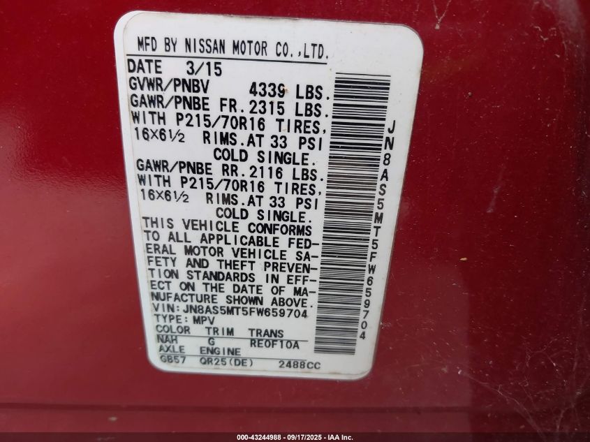 2015 Nissan Rogue Select S VIN: JN8AS5MT5FW659704 Lot: 43244988