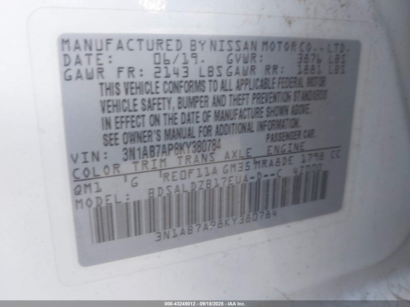 3N1AB7AP8KY380784 2019 NISSAN SENTRA photo no. 9