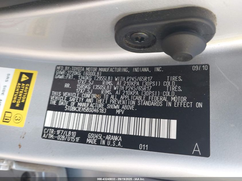 2011 Toyota Highlander Se VIN: 5TDBK3EH5BS046183 Lot: 43245033