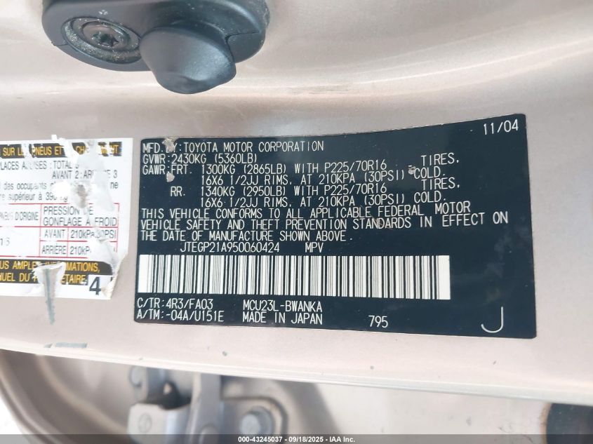 2005 Toyota Highlander V6 VIN: JTEGP21A950060424 Lot: 43245037