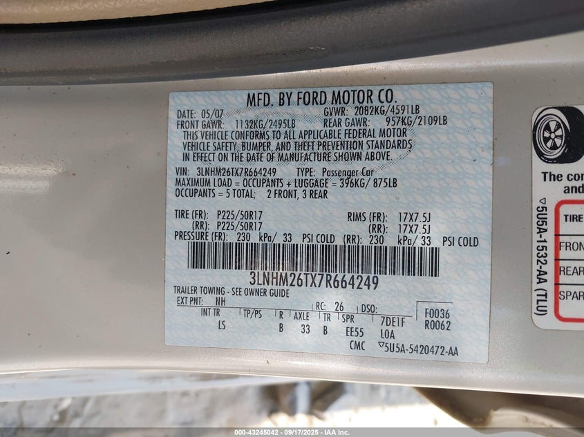 2007 Lincoln Mkz VIN: 3LNHM26TX7R664249 Lot: 43245042