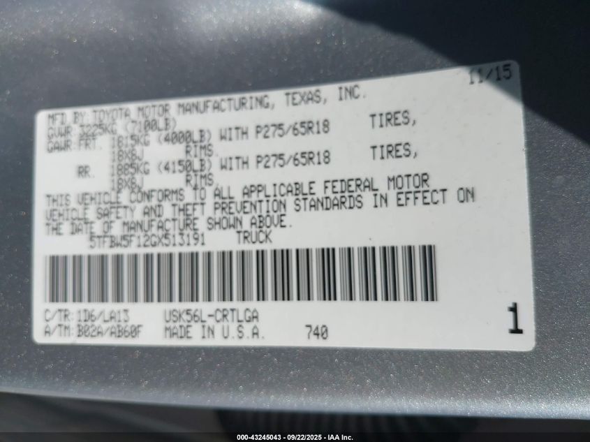 2016 Toyota Tundra Limited 5.7L V8 VIN: 5TFBW5F12GX513191 Lot: 43245043