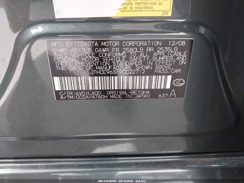 2009 Lexus Gs 350 VIN: JTHCE96S190022712 Lot: 43245054