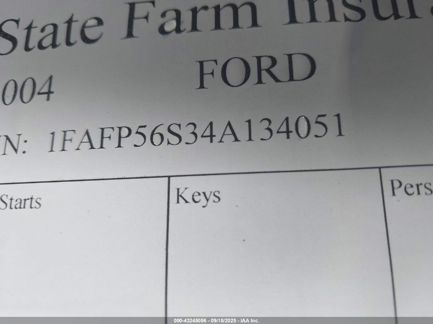 2004 Ford Taurus Sel VIN: 1FAFP56S34A134051 Lot: 43245056