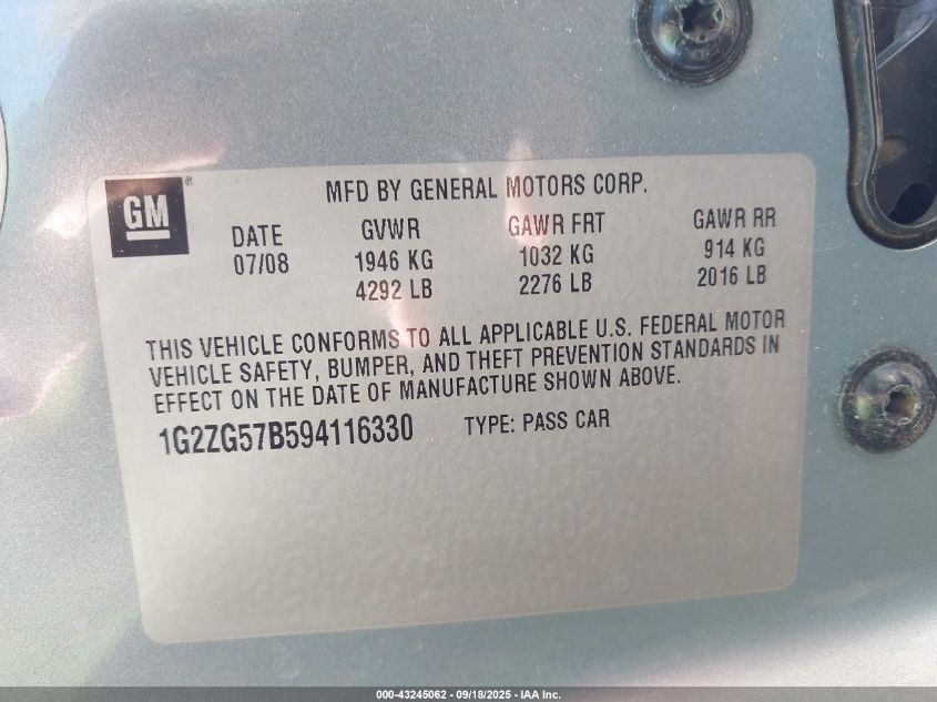 2009 Pontiac G6 VIN: 1G2ZG57B594116330 Lot: 43245062