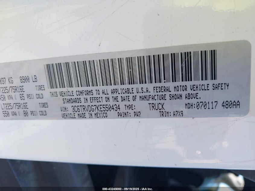 2019 Ram Promaster 2500 High Roof 159 Wb VIN: 3C6TRVDG7KE550434 Lot: 43245080