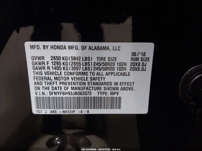 2018 Honda Pilot Touring VIN: 5FNYF6H93JB063572 Lot: 43245086