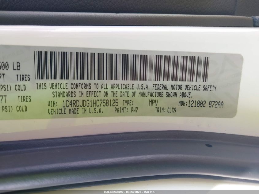 2017 Dodge Durango Gt Awd VIN: 1C4RDJDG1HC758125 Lot: 43245090