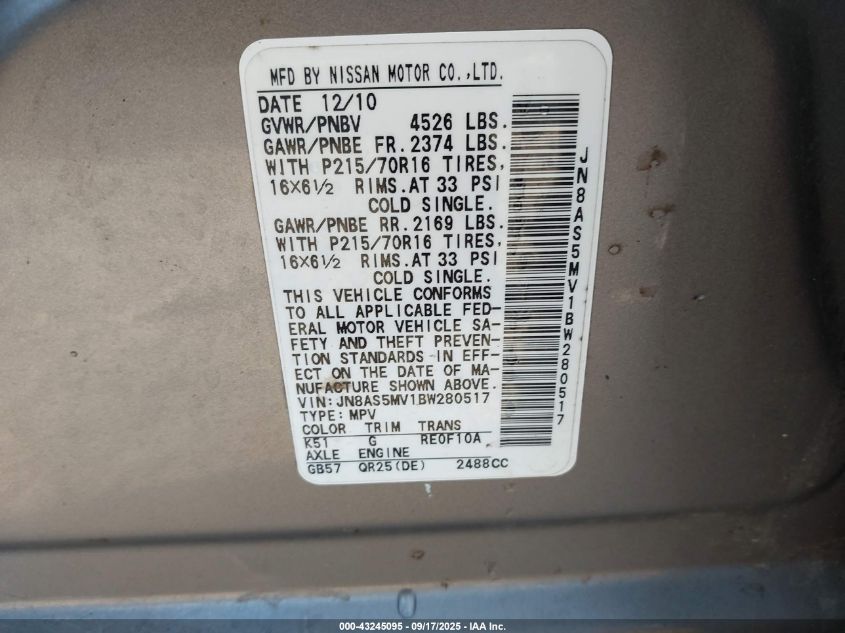 2011 Nissan Rogue S VIN: JN8AS5MV1BW280517 Lot: 43245095