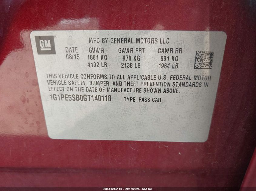 2016 Chevrolet Cruze Limited 1Lt Auto VIN: 1G1PE5SB0G7140118 Lot: 43245110