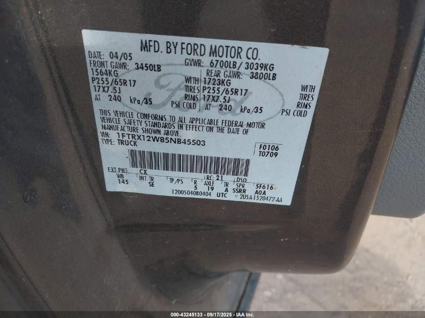2005 Ford F-150 Stx/Xl/Xlt VIN: 1FTRX12W85NB45503 Lot: 43245133