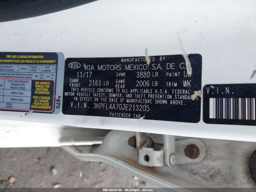 2018 Kia Forte S VIN: 3KPFL4A70JE213205 Lot: 43245156