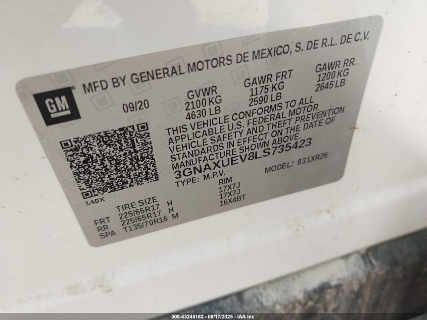 2020 Chevrolet Equinox Lt VIN: 3GNAXUEV8LS735423 Lot: 43245162