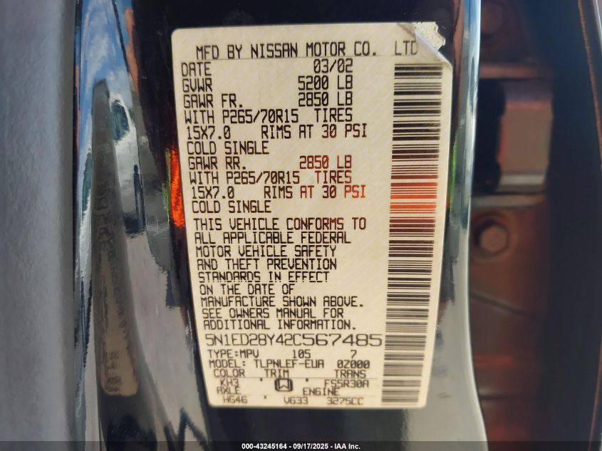 2002 Nissan Xterra Xe VIN: 5N1ED28Y42C567485 Lot: 43245164