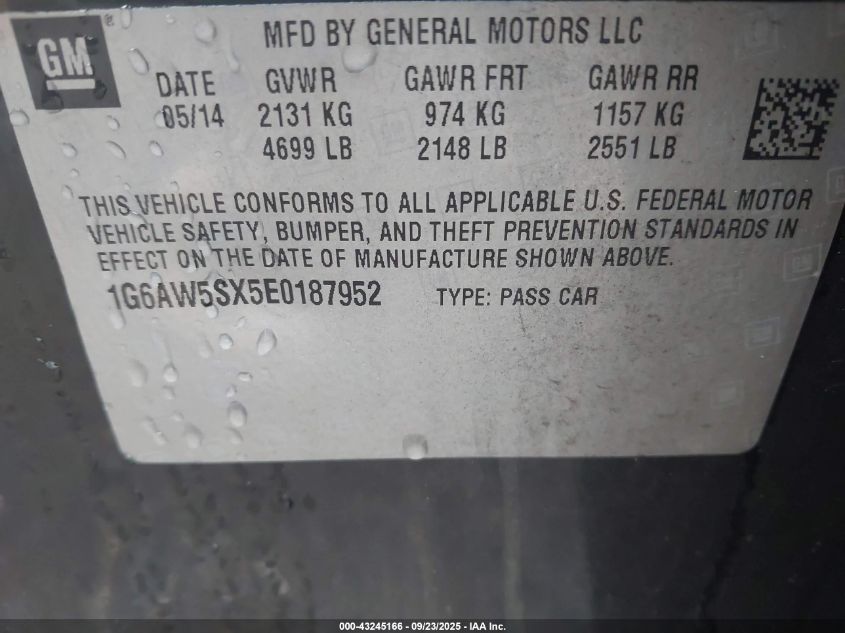 2014 Cadillac Cts Standard VIN: 1G6AW5SX5E0187952 Lot: 43245166