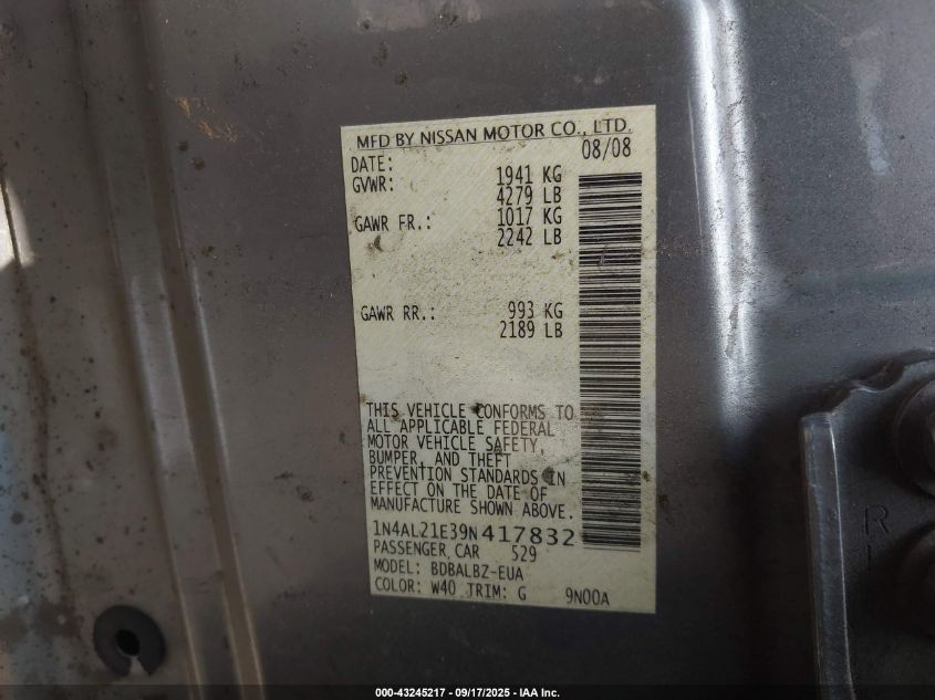 2009 Nissan Altima 2.5 S VIN: 1N4AL21E39N417832 Lot: 43245217
