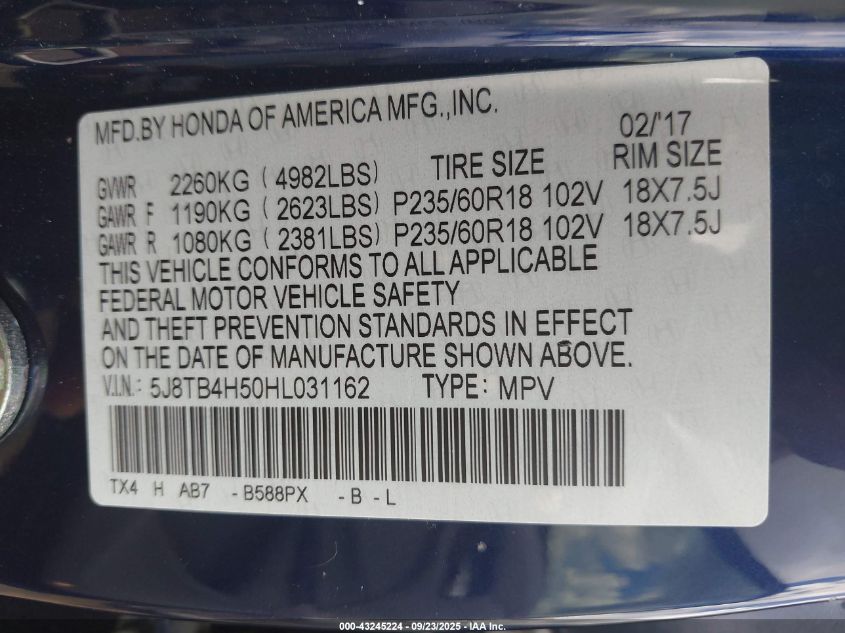 2017 Acura Rdx Technology Acurawatch Plus Packages/W/Technology Package VIN: 5J8TB4H50HL031162 Lot: 43245224