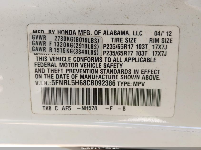 2012 Honda Odyssey Ex-L VIN: 5FNRL5H68CB092386 Lot: 43245233