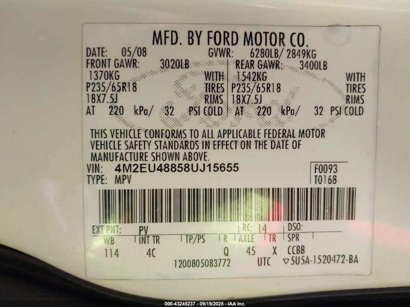 2008 Mercury Mountaineer Premier VIN: 4M2EU48858UJ15655 Lot: 43245237