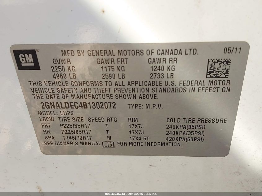 2011 Chevrolet Equinox 1Lt VIN: 2GNALDEC4B1302072 Lot: 43245243