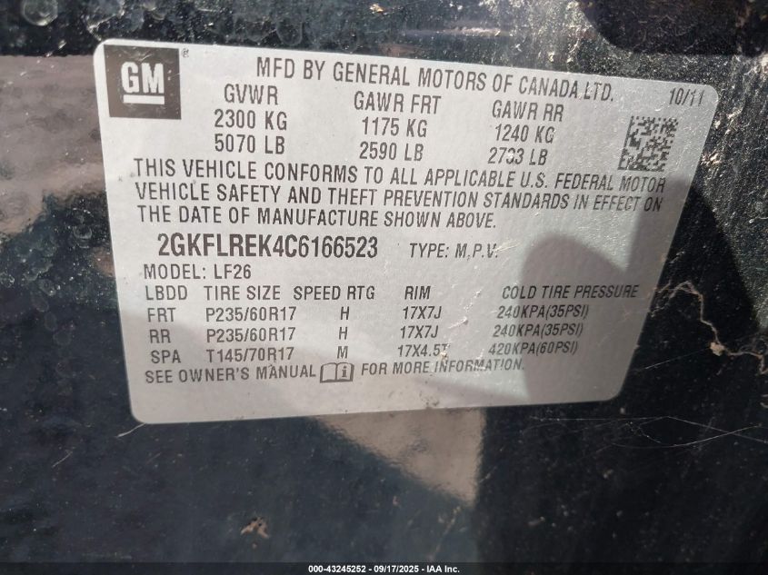 2012 GMC Terrain Sle-1 VIN: 2GKFLREK4C6166523 Lot: 43245252