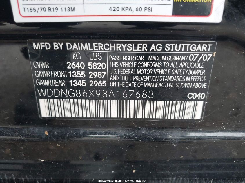 2008 Mercedes-Benz S 550 4Matic VIN: WDDNG86X98A167683 Lot: 43245260