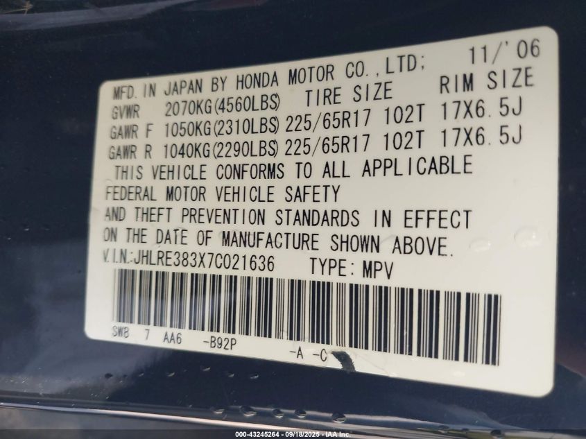 2007 Honda Cr-V Lx VIN: JHLRE383X7C021636 Lot: 43245264