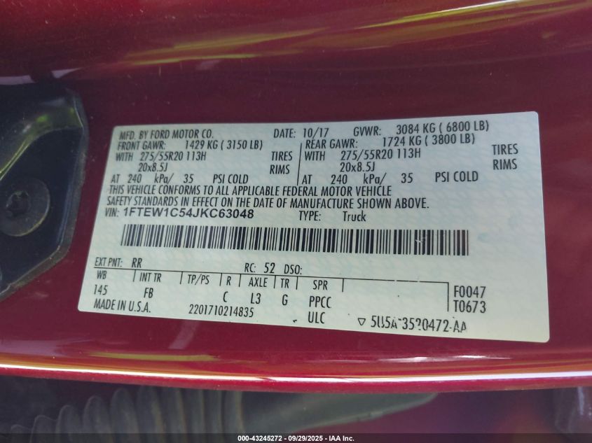 2018 Ford F-150 Xlt VIN: 1FTEW1C54JKC63048 Lot: 43245272