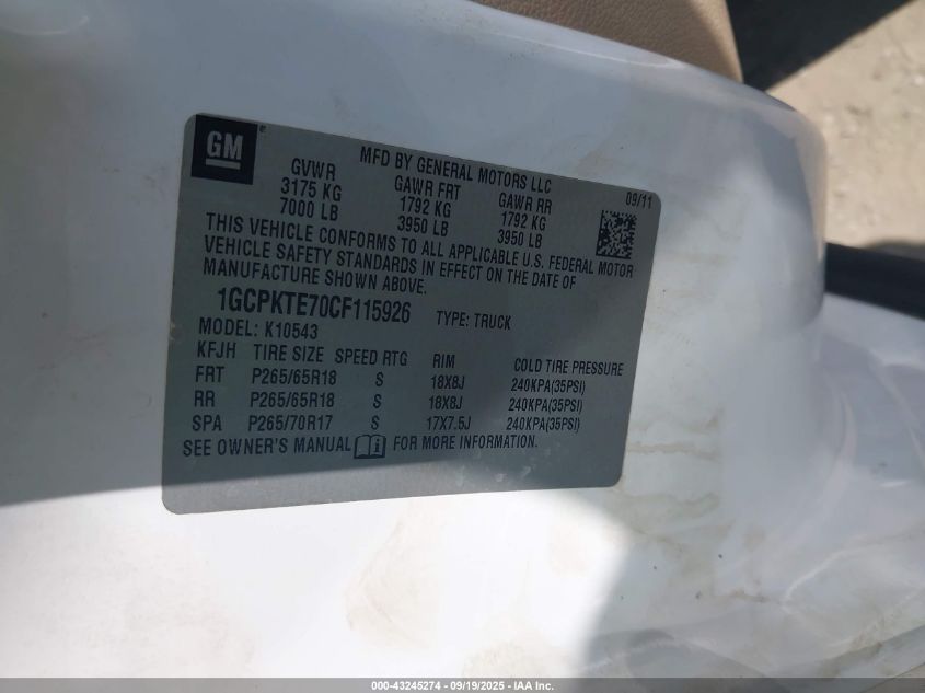 2012 Chevrolet Silverado 1500 Ltz VIN: 1GCPKTE70CF115926 Lot: 43245274