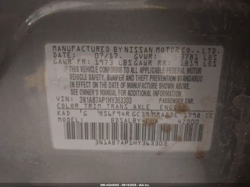 2017 Nissan Sentra S VIN: 3N1AB7AP1HY363303 Lot: 43245302