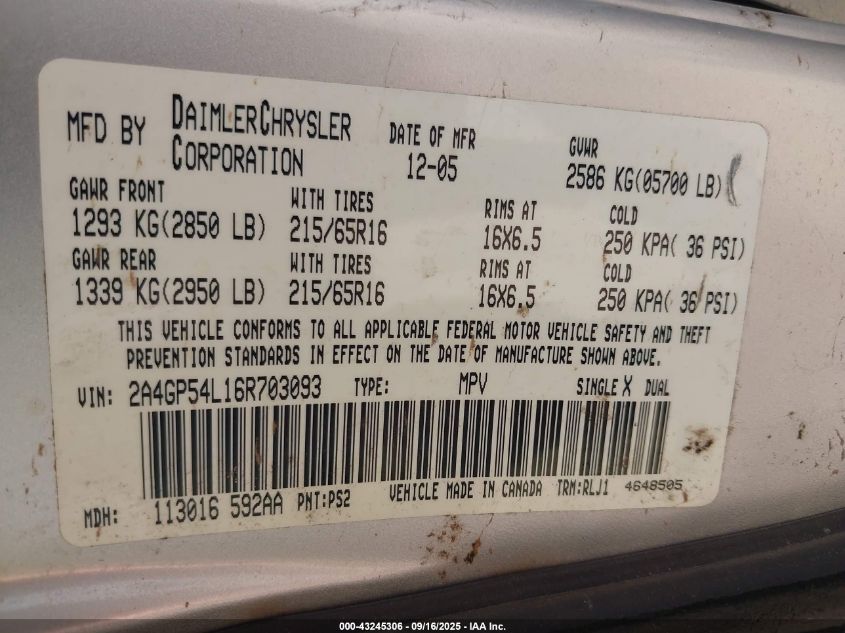 2006 Chrysler Town & Country Touring VIN: 2A4GP54L16R703093 Lot: 43245306