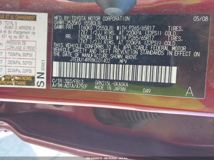 2008 Toyota 4Runner Sport V6 VIN: JTEBU14R98K031402 Lot: 43245319