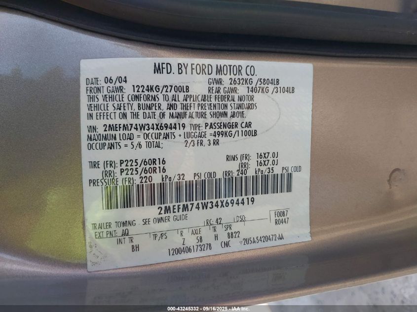 2004 Mercury Grand Marquis Gs VIN: 2MEFM74W34X694419 Lot: 43245332