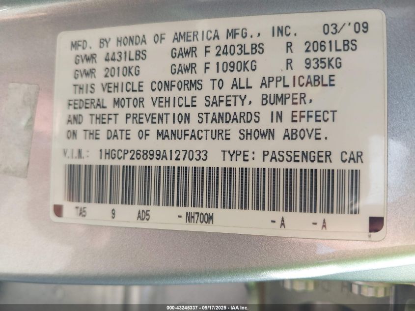 2009 Honda Accord 2.4 Ex-L VIN: 1HGCP26899A127033 Lot: 43245337