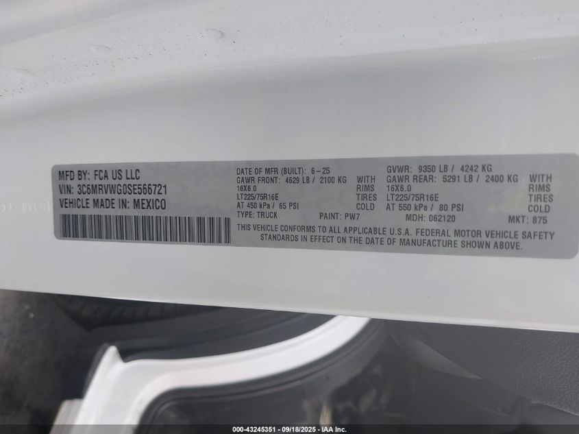 2025 Ram Promaster 3500 Tradesman Low Roof 136 Wb W/Pass Seat VIN: 3C6MRVWG9SE566720 Lot: 43245351