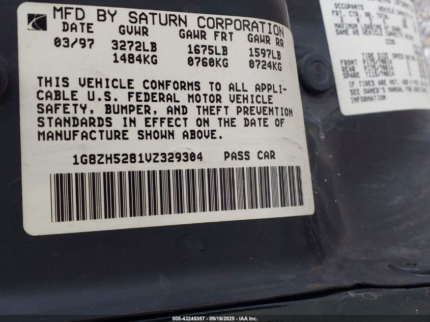 1997 Saturn Sl Sl1 VIN: 1G8ZH5281VZ329304 Lot: 43245357