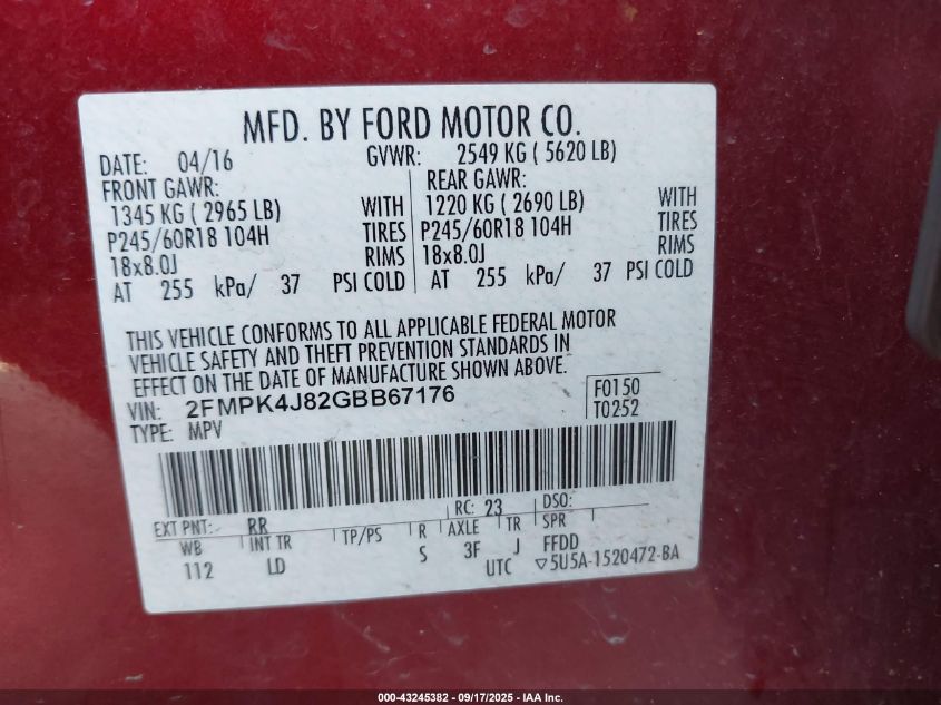 2016 Ford Edge Sel VIN: 2FMPK4J82GBB67176 Lot: 43245382