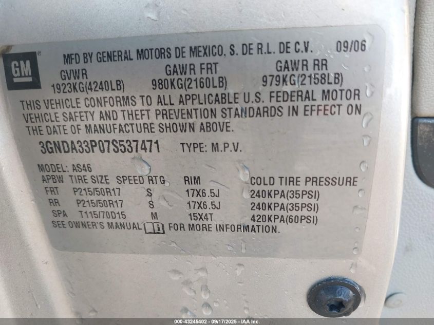 2007 Chevrolet Hhr Lt VIN: 3GNDA33P07S537471 Lot: 43245402