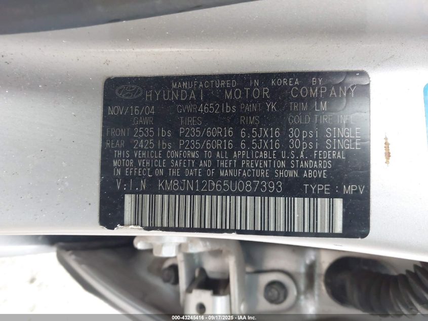 2005 Hyundai Tucson Gls/Lx VIN: KM8JN12D65U087393 Lot: 43245416