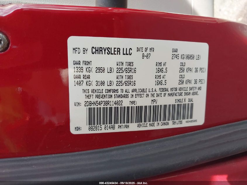 2008 Dodge Grand Caravan Sxt VIN: 2D8HN54P38R114022 Lot: 43245434