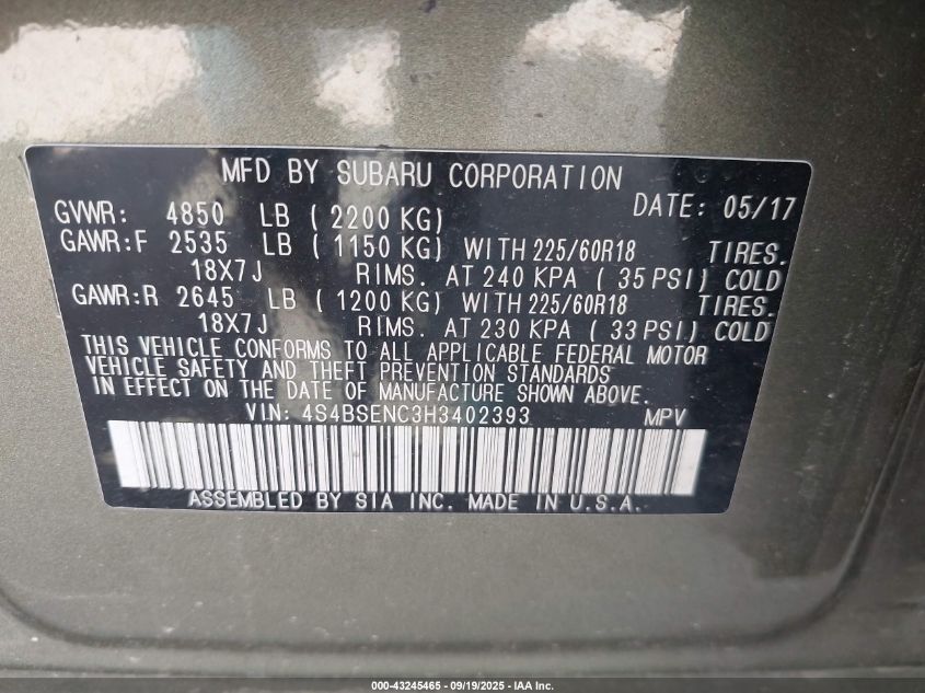 2017 Subaru Outback 3.6R Limited VIN: 4S4BSENC3H3402393 Lot: 43245465