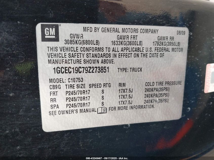 2009 Chevrolet Silverado 1500 Ls VIN: 1GCEC19C79Z273851 Lot: 43245467